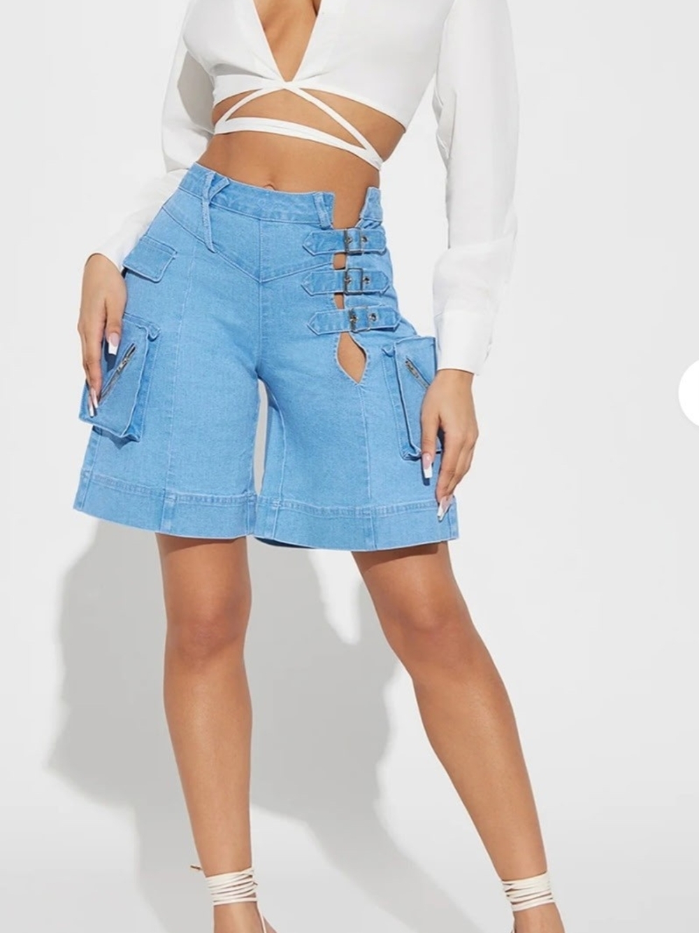 Fashion Nova Light Blue Denim Cargo Bermuda Shorts with Buckle Straps